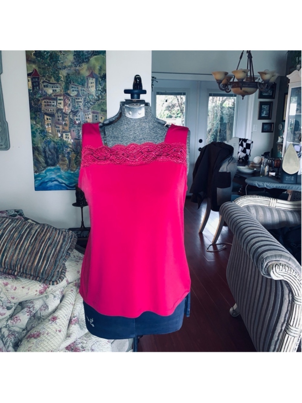 Initiatives Tank Top M Pink Lace beaded Trim Sleeveless Casual camisole